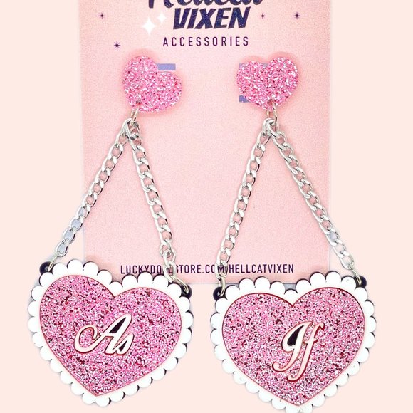 Hellcat Vixen Jewelry - Pink Glitter As If Clueless Inspired Sparkly Heart Stud Chain Dangling Earrings